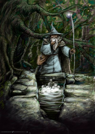 Broceliande ormanındaki harika Barenton çeşmesinde içki içen bir büyücünün temsili - İllüstrasyon, Alessandro Lonati - 2012 - by Alessandro Lonati