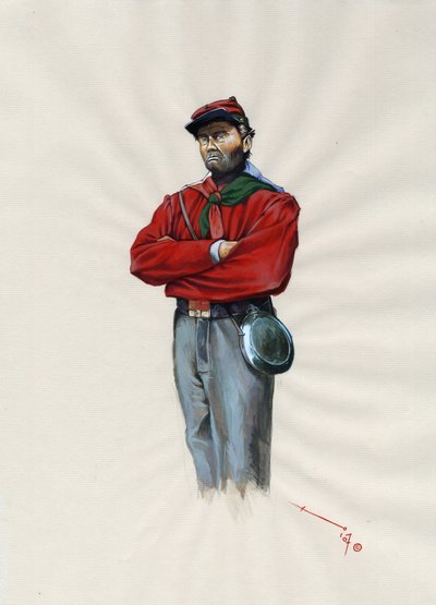 İkinci İmparatorluk (1852-1870): İtalyan birleşmesi (Risorgimento), İtalya'da Giuseppe Garibaldi'nin (1807-1882) davası için "kırmızı gömlekli" savaşçı olarak bilinen Garibaldian ordusunun gönüllü subayı by Alessandro Lonati