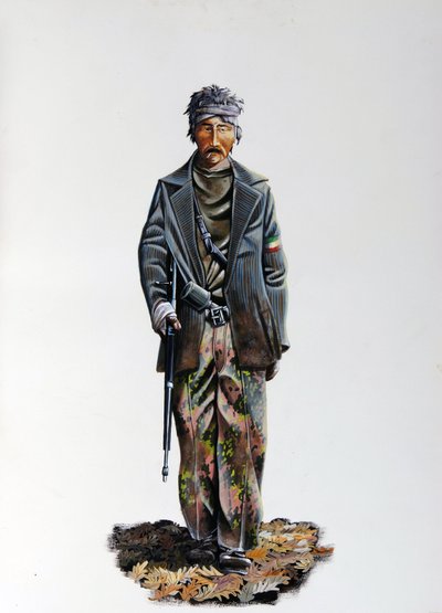 İkinci Dünya Savaşı: İtalyan Direnişinin (maki veya gerillalar, partizan) (Resistenza Italiana) bir üyesi, kamuflaj kıyafeti ve makineli tüfekli silah giyiyor. 1943-1945. Alessandro Lonati'nin illüstrasyonu by Alessandro Lonati