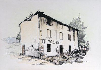 İkinci Dünya Savaşı: işgal altındaki İtalya'da harap bir evin görünümü. Alessandro Lonati'nin çizimi by Alessandro Lonati