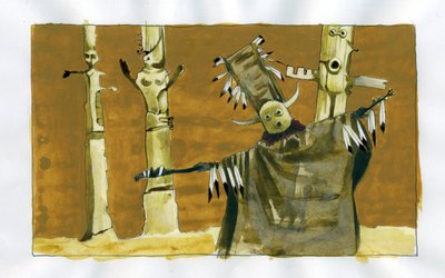 Şamanizm: insanlar ve doğa ruhları - şaman ve totemleri arasındaki arabuluculuğa odaklanan manevi tören Alessandro Lonati'nin İllüstrasyonu by Alessandro Lonati