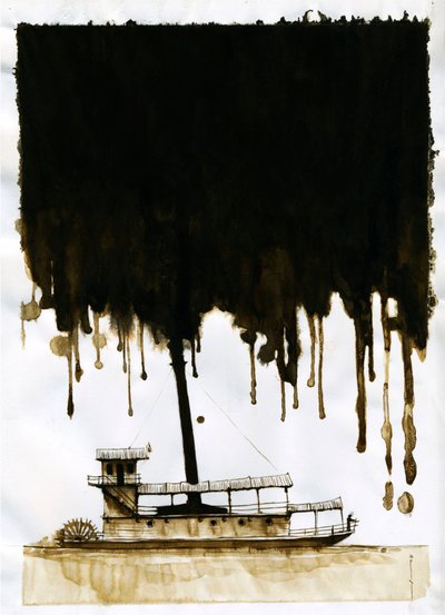 Joseph Conrad'ın yeni “Karanlığın Kalbinde” adlı eserinin buharlı gemi çizimi. 2012 by Alessandro Lonati
