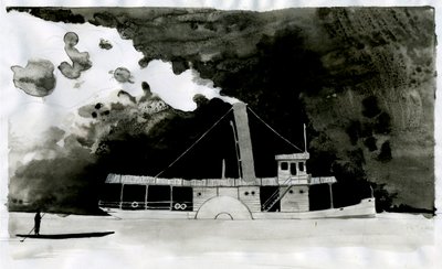 Joseph Conrad'ın yeni “Karanlığın Kalbinde” adlı eserinin buharlı gemi çizimi. 2012 by Alessandro Lonati