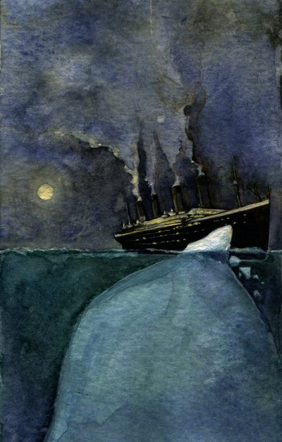 Transatlantik gemisi Titanic'in 14 ve 15 Nisan 1912'de bir buzdağıyla çarpışmasının neden olduğu batma anında görünümü. Alessandro Lonati'nin illüstrasyonu. 2011 by Alessandro Lonati