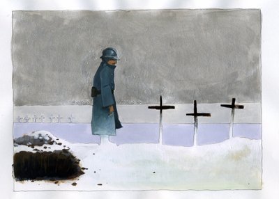 Birinci Dünya Savaşı: bir savaş mezarında haçlara bakan bir Fransız askeri by Alessandro Lonati
