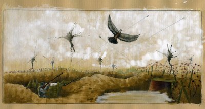 Birinci Dünya Savaşı: Bir mesajı kurtarmak isteyen bir Alman askeri tarafından bir siperde hedeflenen bir mesaj taşıyan bir yolcu güvercini 1914-1918 (Birinci Dünya Savaşı: bir mesaj taşıyan bir posta güvercinine ateş eden bir Alman askeri by Alessandro Lonati