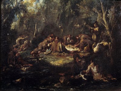 Manastır yaşamının sahnesi Keşişler kahvaltı yapıyor, bir çalılıkta dua ediyor ve okuyor. Alessandro Magnasco