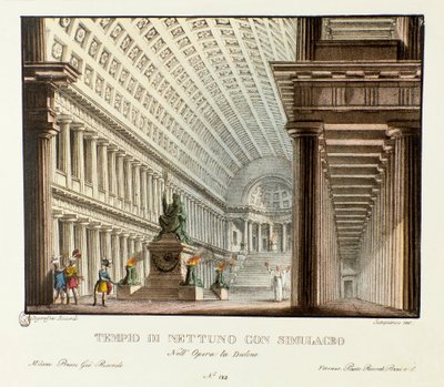 Neptün tapınağının görünümü Metastasio (Metastase) operasından sonra besteci Niccolo Vito Piccinni (veya Piccini) tarafından lirik trajedi “” Didone” (Didon) (1783) temsili için Senaryo. “” Raccolta di invenzioni manzarasında litografi by Alessandro Sanquirico