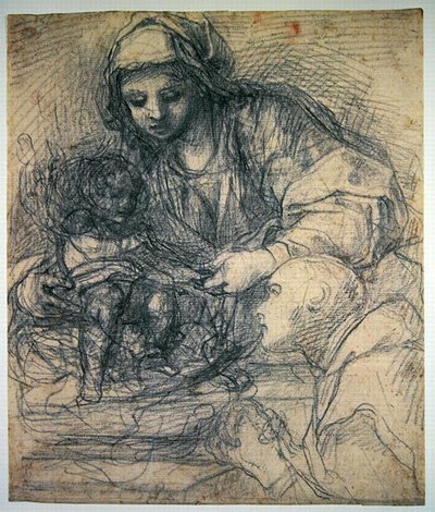 Carthusian Monk ile Madonna ve Çocuk (açık mavi kağıt üzerinde kalem üzerinde siyah tebeşir) by Alessandro Tiarini
