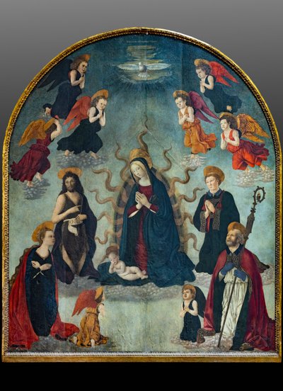 Azizlerle Madonna ve Çocuk (panelde yağlı boya) by Alessio & Scheggini Michele da Larciano (known as Graffione) (1470 85) Baldovinetti