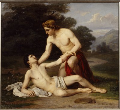 Apollo ve Sümbül (Apollo ve Sümbül). Yunan tanrısı, disk atma eğitimi sırasında tapınakta yaralanan genç adamın üzerine eğilir. Alexander Alekseyeviç Kiselev