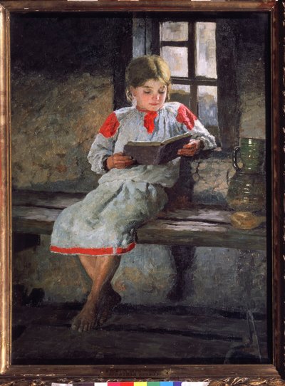 Harika Bir Okuma. Pencerenin yanında oturan küçük bir kız kitabının hikayesine kendini kaptırmış. Alexander Alekseyeviç Kiselev