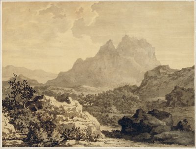 Dağlık Manzara, c.1780 (kahverengi zeminle hazırlanmış kağıt üzerinde gri ve kahverengi yıkama) by Alexander Cozens