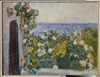 Roma'da (İtalya) balkonda çiçekler. Alexander Ivanovich Savinov'un (1881-1942) tablosu, tuval üzerine yağlı boya by Alexander Ivanovich Savinov