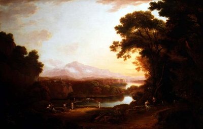Dans eden köylülerle İtalyan tarzı manzara (tuval üzerine yağlı boya) by Alexander Nasmyth