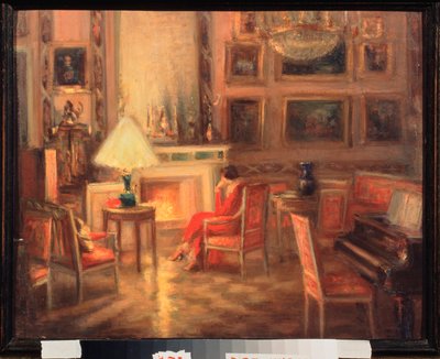 Şöminenin Yanında Bir Kadınla İç Mekan - Alexander Sredin (Sredine) (1872-1934), karton üzerine yağlı boya by Alexander Sredin