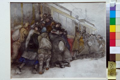 İnsanlar zaten dolu bir tramvaya binmeye çalışıyor - Alexander Ivanovich Vakhrameyev'in (1874-1926) yapıtları by Alexander Vakhrameyev