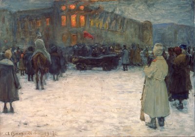 Litvanya Şatosunda Yangın, 1917 Şubat Devrimi, St Petersburg - Alexander Ivanovich Vakhrameyev (1874-1926), kağıt üzerine guaj boyası by Alexander Vakhrameyev