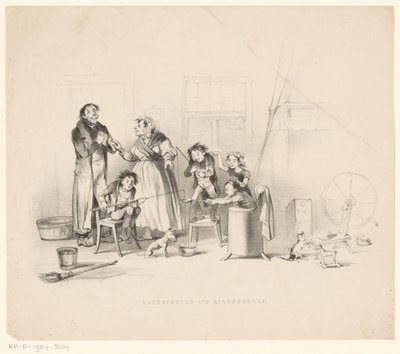 Baba ve anne mutlu bir şekilde oynayan çocuklara bakıyorlar. Çocukluk için Baba Sevinci (nesne üzerindeki başlık) by Alexander Ver Huell