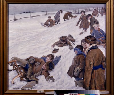 Kış Sporları (Kış Sporları). Karlı bir alanda kızak sahnesi, sıcak giyimli çocuklar eğleniyor ve yüksek sesle gülüyor. Alexander Viktorovich (Alexander Victor) Moravov'un (1878-1951) tablosu, tuval üzerine yağlı boya by Alexander Viktorovich Moravov