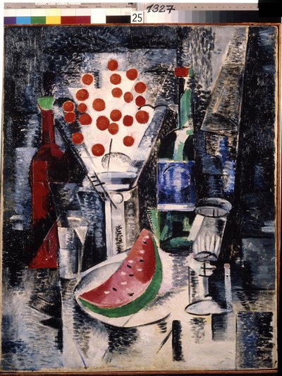 ""Vazo Ve Şişelerle Natürmort"" Karpuz Ve Kiraz Dilim. Alexandra Alexandrovna Exter'in (1882-1949) (yapılandırmacılık) tablosu 1914 Devlet Açık Hava Müzesi Rostov Kremlin, Rostov by Alexandra Alexandrowna Exter