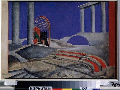 Edition Decors de Theatre için Sahne Tasarımı İncelemesi. Alexandra Alexandrovna Exter'in çalışması (1882-1949), kağıt üzerine suluboya ve guaj, 1920 ortası. Rus skenografi sanatı, 20. yüzyıl. ortak by Alexandra Alexandrowna Exter