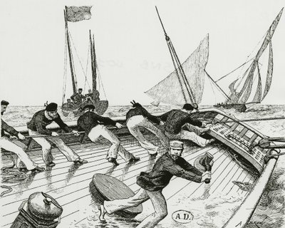 Yelken yarışı: Le turn du Bateau-Buoée - çizim A. Brun, Bibl. Sanat dekoru. by Alexandre Brun
