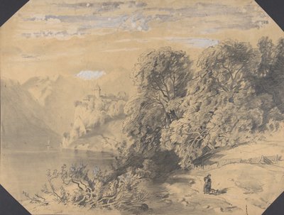 19. yüzyılın başlarından ortalarına kadar bir dağ gölünün yanında köpeği olan kadın. by Alexandre Calame