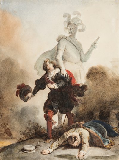 Don Juan et Leporello rencontrent la heykel du Commandeur au cimetière (grafit, kalem ve kağıt üzerine suluboya ile kahverengi mürekkep, arap zamkı ile güçlendirilmiş) by Alexandre Evariste Fragonard