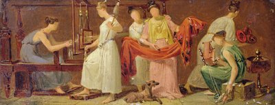 Bir İç Mekanda Dokuyan Altı Kadın (panel üzerine serilen kağıt üzerine yağlı boya) by Alexandre Evariste Fragonard