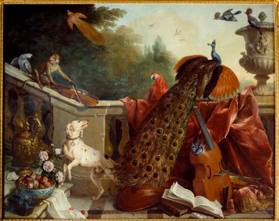 Hayvanlar, çiçekler ve meyveler Bir köpek, keman çalan bir maymun, bir tavus kuşu, bir papağan, bir cennet kuşu, bir yaylı çalgılar. Francois Desportes (1661-1743) 1717 Sun tarafından tablo. 1,24x2,31 m Grenoble, Güzel Sanatlar Müzesi by Alexandre Francois Desportes