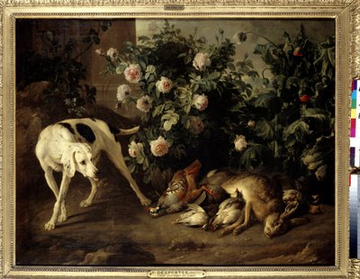 Bir gül çalısının yanında köpek tutma oyunu Resim Francois Desportes (1661-1743) 1724 Güneş. 1,07x1,38 m Paris, Musee du Louvre. by Alexandre Francois Desportes