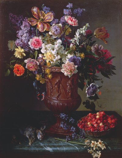 Bir Kase Yabani Çilek ve Bir Çıkıntı Üzerinde Tavşan Olan Heykel Vazoda Çiçekler, 1715 by Alexandre Francois Desportes