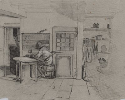 Bir Masada Bir Çocukla Bir Çiftlik Evi İçi by Alexandre Gabriel Decamps
