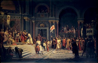Birinci haçlı seferi: “” Godefroy of Bouillon (1061-1100), Aşağı Lorraine Dükü, Konstantinopolis'te Bizans İmparatoru Alexis Comnene'e bağlılık yemini ediyor by Alexandre-Jean-Baptiste Hesse