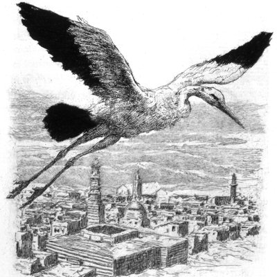 Kuzey Afrika köyünün üzerinde uçan bir leylek by Alexandre Lunois