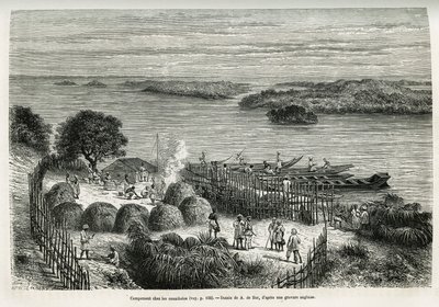 Kamp, kendisini yamyamlardan korumak için seferi güçlendiriyor Mouana Ntaba, Leopold (Kongo) nehri yakınında, A.De Bar tarafından çizildi, 1874-1877 yılları arasında Sir tarafından yapılan bir yolculuk olan “Gizemli Kıtada” hikayesini göstermek için çizdi. by Alexandre de (after) Bar