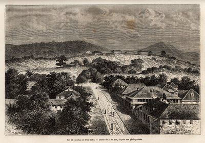Rue et barracks de Freetown, Sierra Leone, engraving after the drawing of A. de Bar, illustrating the voyage to the Côte d