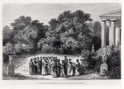 Plato (c.427-c.348 M.Ö.) ve Akademinin Bahçesindeki Müritleri, Louis Figuier tarafından 'La Vie des Savants Illustres'dan, Laplante tarafından oyulmuş, c.1870 by Alexandre de Bar