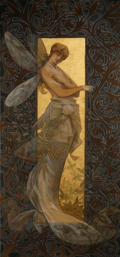Güneş doğarken kanatlı peri ile kompozisyon by Alexandre de Riquer