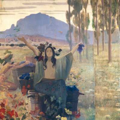 Tarım, sanayi ve ihracatı temsil eden duvar paneli by Alexandre de Riquer