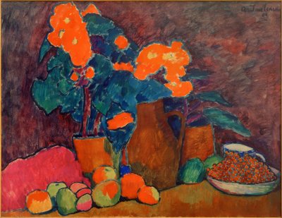 Çiçekler, meyveler ve şişe ile natürmort by Alexej von Jawlensky