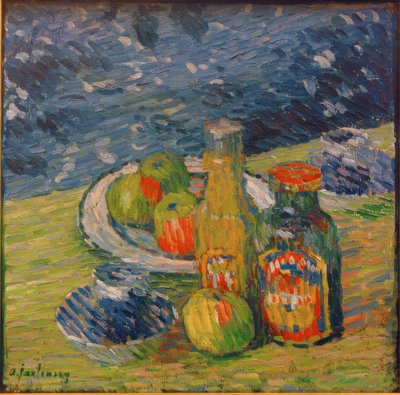 Şişeler, kase meyve ve bardak ile natürmort by Alexej von Jawlensky