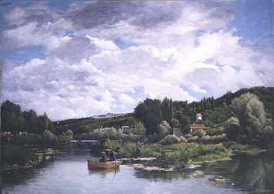 Arkasında balıkçılar ve evler ile göl sahnesi by Alexina Cherpin