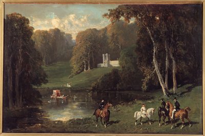 Bir gölün kıyısında atlılar ve Amazonlar Resim Alfred de Dreux (1810-1860) 19. yüzyıl Güneşi. 0,43x0,65 m by Alfred Dedreux