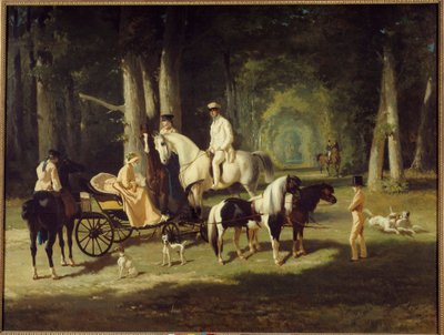 Bay ve Bayan A. Mosselman ve iki kızı ormanda at sırtında yürürler. Alfred de Dreux (1810-1860) 1848 Sun tarafından tablo. 2x2,65 m Paris, Petite Palais müzesi by Alfred Dedreux