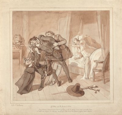 Gil Blas, Dr. Sangrado altında Hekimlik Yaparken, Bakkalın Başucunda Dr. Cuchillo ile Karşılaştı by Alfred Edward Chalon