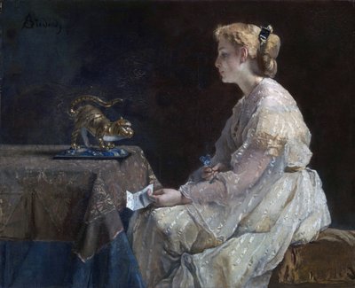 ""Şimdiki"" Bir kedi heykelciği keşfeden genç bir kadın - Alfred Stevens (1823-1906) tarafından 1870 dolaylarında Londra Ulusal galerisi by Alfred Emile Stevens