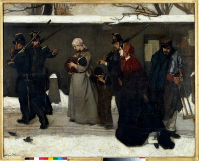 Sözde serserilik, Vincennes Ulusal Muhafızlarının avcılarının sokaktaki aileleri durdurduğunu da söylüyor. Alfred Stevens (1823-1906) Sun tarafından tablo. 1,3x1,6 m Paris, Orsay Müzesi by Alfred Emile Stevens