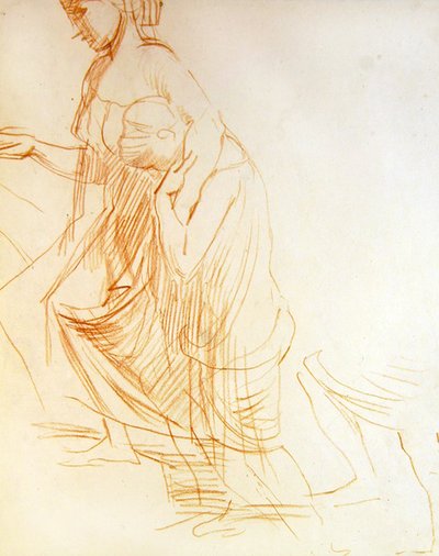 Biri ayakta diğeri diz çökmüş iki figürün incelenmesi, c.1850 (kağıt üzerinde kırmızı tebeşir) (versi için bkz. 366413) by Alfred George Stevens